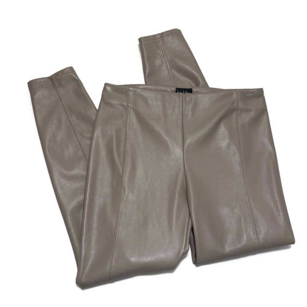 Nicole Miller Taupe Straight Leg Pants, Faux Leather, Stretch,‎ Size Medium